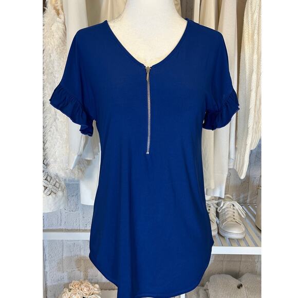 Notations Women's Size S Royal Blue Ruffle Sleeve Half Zip Blouse #0392 - Picture 1 of 10